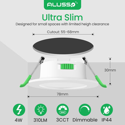 ALUSSO 6-Pack Flat 4W Dimmable IP44 Waterproof LED Ceiling Spotlights, Tri-Color