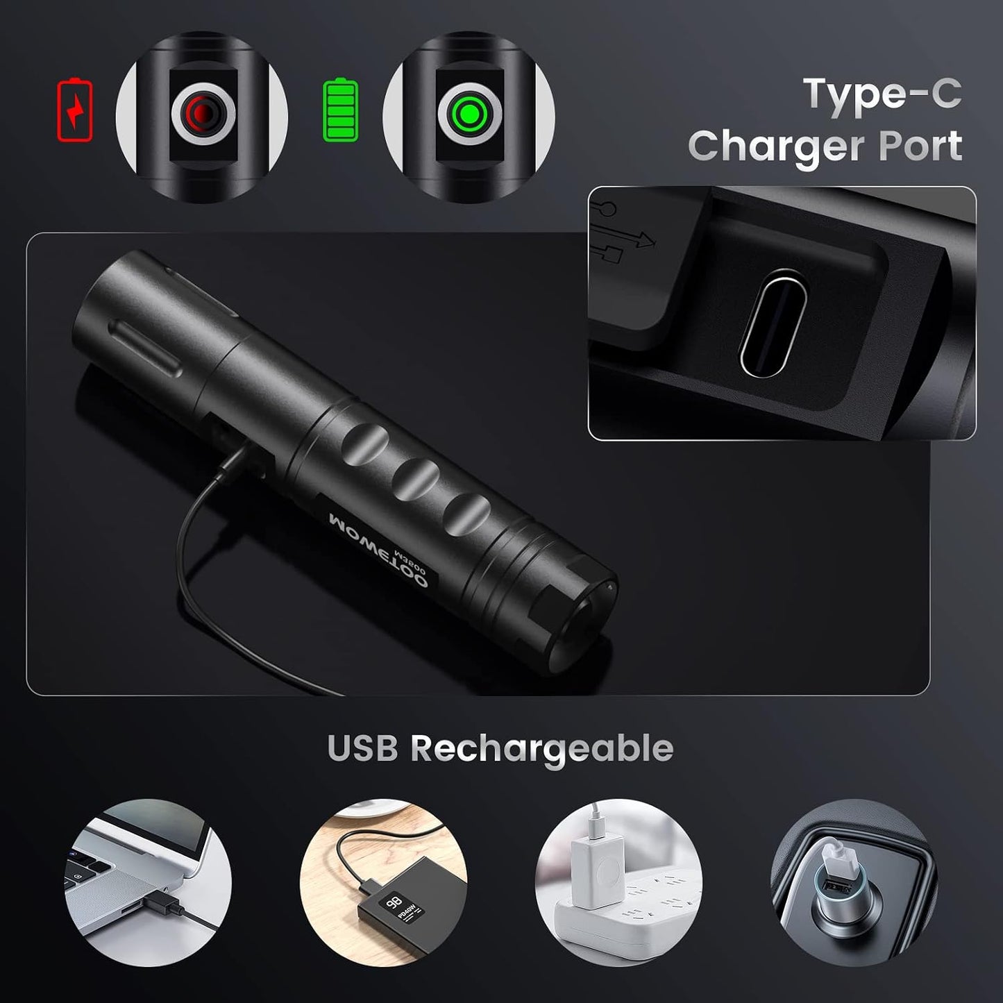 MOWETOO M3500 Rechargeable LED Torch 3500 Lumens Zoomable USB-C Aluminium Alloy Flashlight