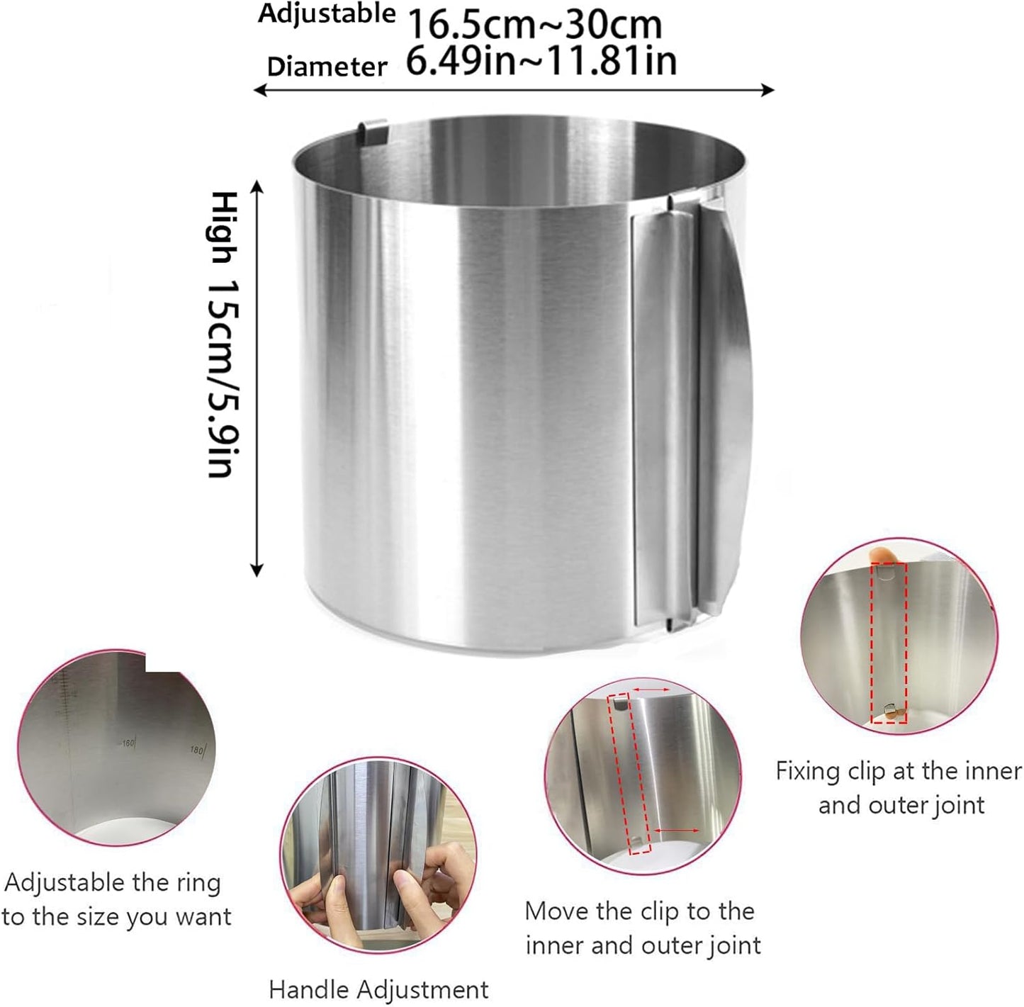 Iwinna Adjustable Extra-High Stainless Steel Cake Ring 15-30cm