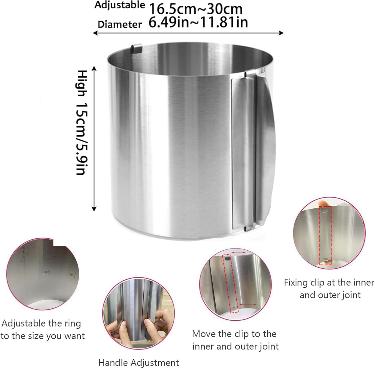 Iwinna Adjustable Extra-High Stainless Steel Cake Ring 15-30cm