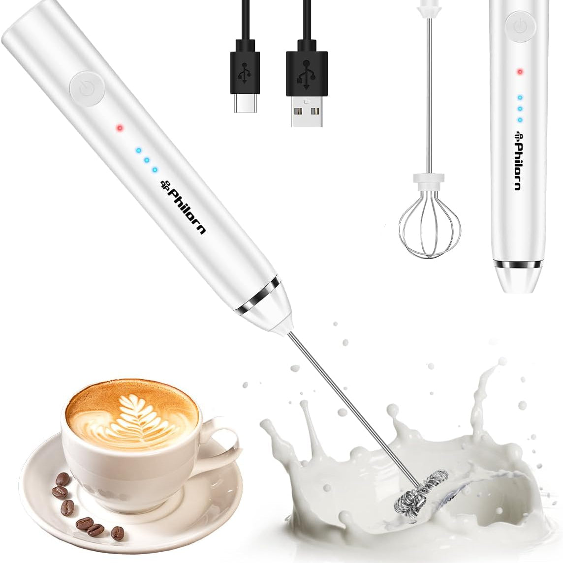 Philorn Electric Milk Frother Double Whisk 3-Speed USB Rechargeable Handheld