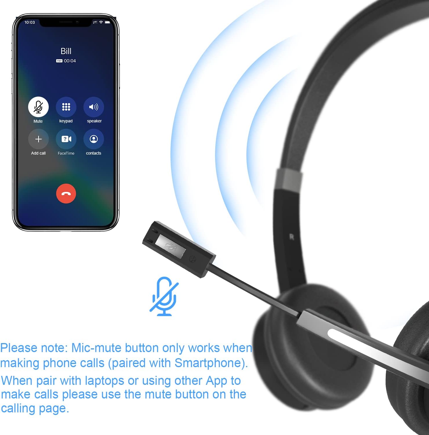 YUWAKAYI Bluetooth Headset V5.0 Noise Canceling Mic Mute 26H Battery Over-Ear Wireless Headphone for Laptop Cell Phone Tablet Call Center Office Black