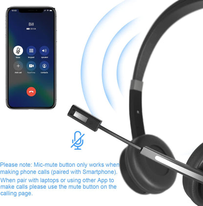 YUWAKAYI Bluetooth Headset V5.0 Noise Canceling Mic Mute 26H Battery Over-Ear Wireless Headphone for Laptop Cell Phone Tablet Call Center Office Black