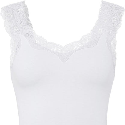 Basic Women's V-Neck Lace Top Soft Viscose Blend Bright White