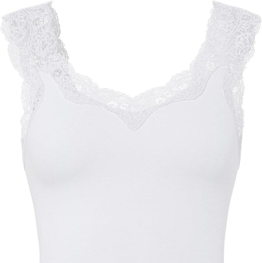Basic Women's V-Neck Lace Top Soft Viscose Blend Bright White