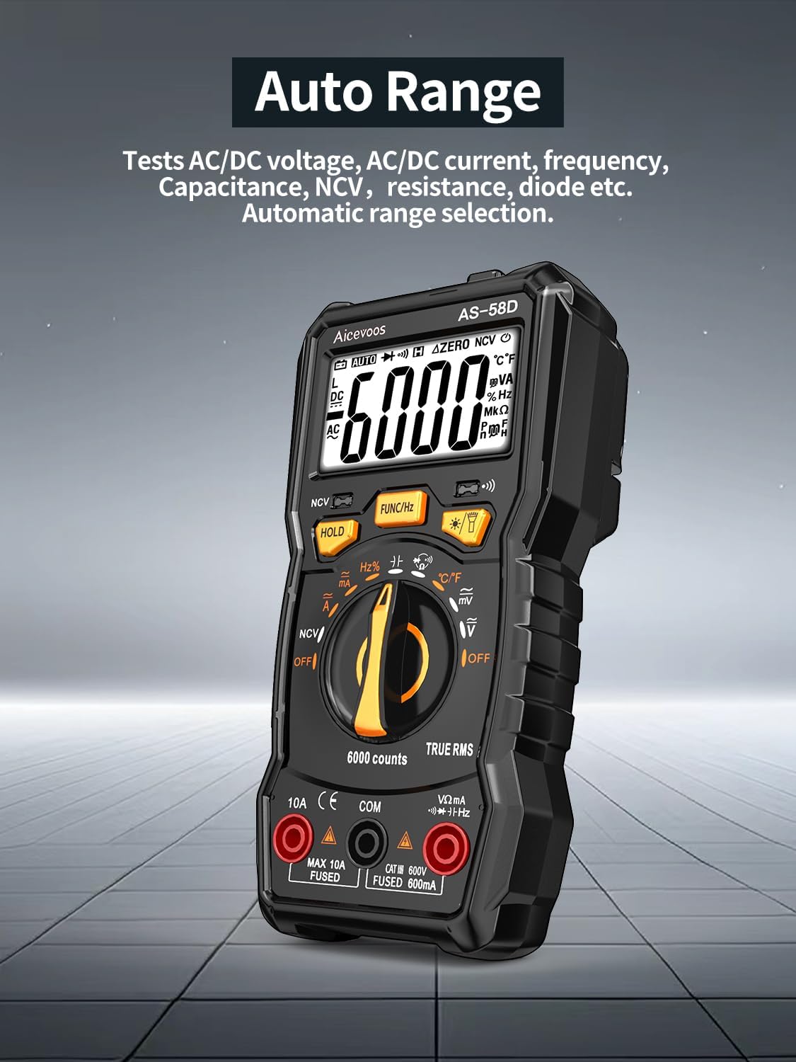 Aicevoos AS-58-1 6000 Counts Auto-Ranging Digital Multimeter Black