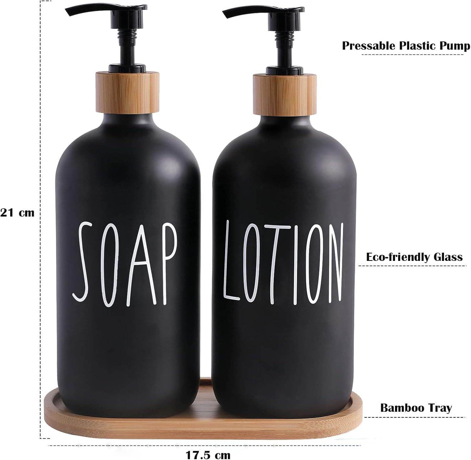 Elegant Glass Soap and Lotion Dispenser Set with Bamboo Tray - 2 Pack