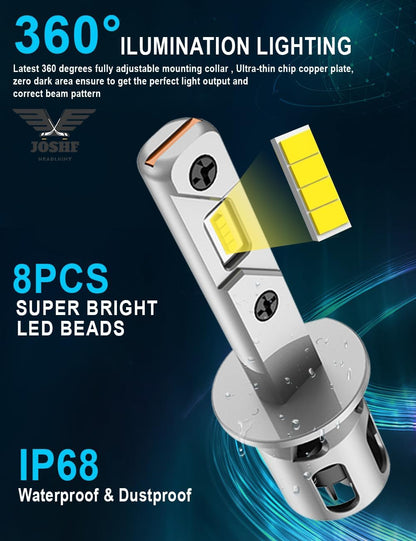 JOSHF H1 LED Bulbs 6500K Cool White 30000LM 120W CSP Anti-Error 1:1 Mini Size Plug-N-Play 12V for Car Pack of 2