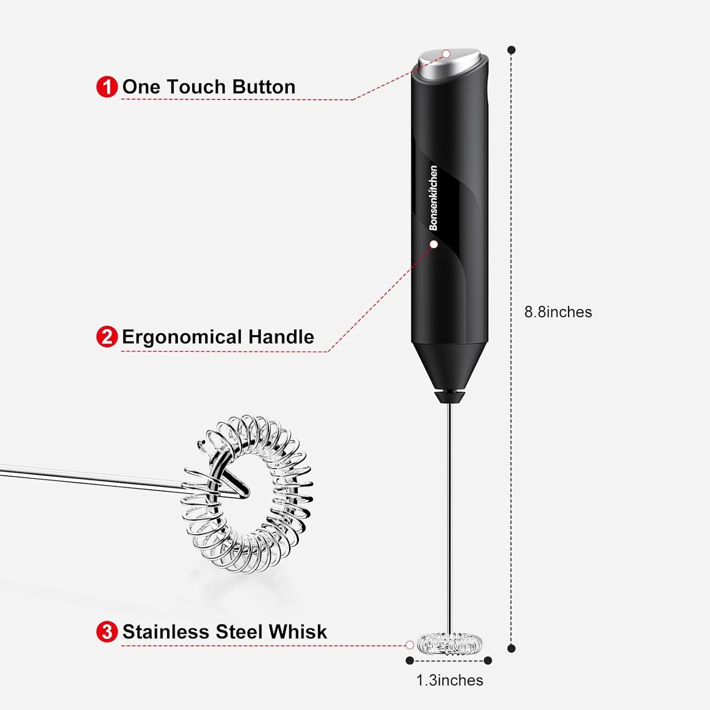 Bonsenkitchen Powerful Handheld Milk Frother with Stainless Steel Whisk – Black