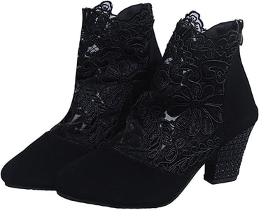 Women's Elegant Lace Ankle Boots - Breathable High Block Heel Booties