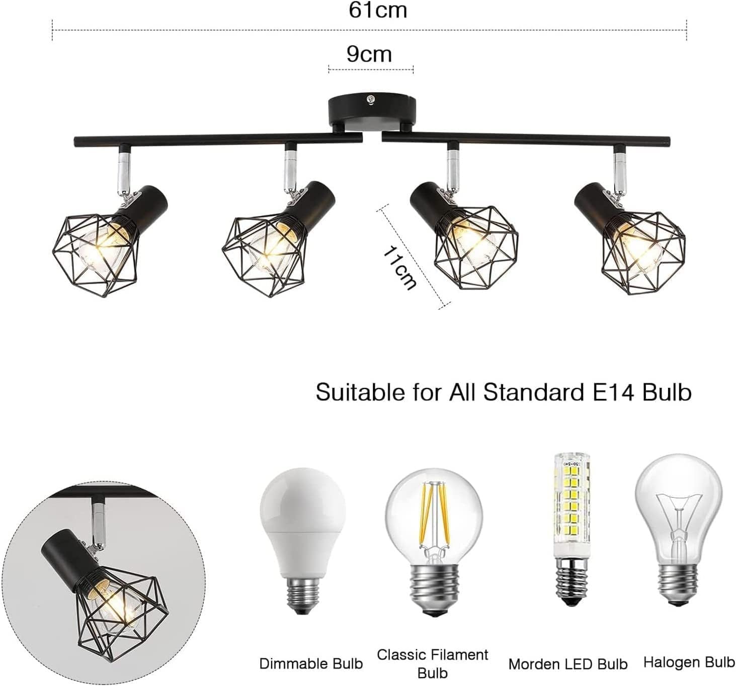 HAZARA 4-Light Adjustable Ceiling Lamp Black Metal Wire Cage Pendant Light