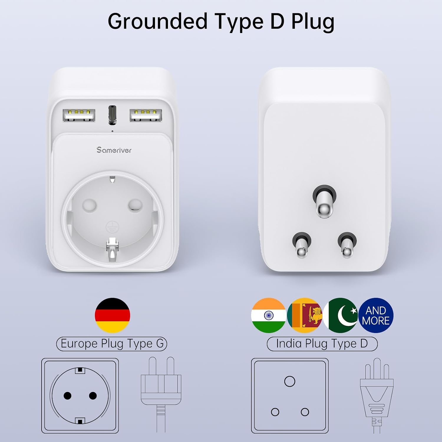 Sameriver Travel Adapter EU to India 4-in-1 Type D Plug with 2 USB-A and USB-C White
