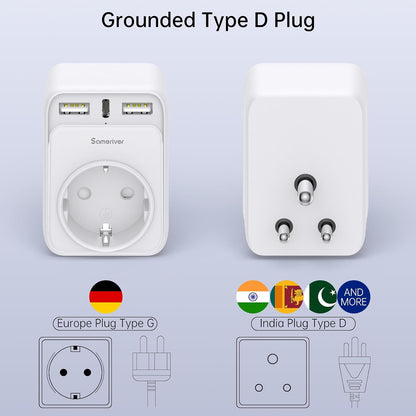 Sameriver Travel Adapter EU to India 4-in-1 Type D Plug with 2 USB-A and USB-C White