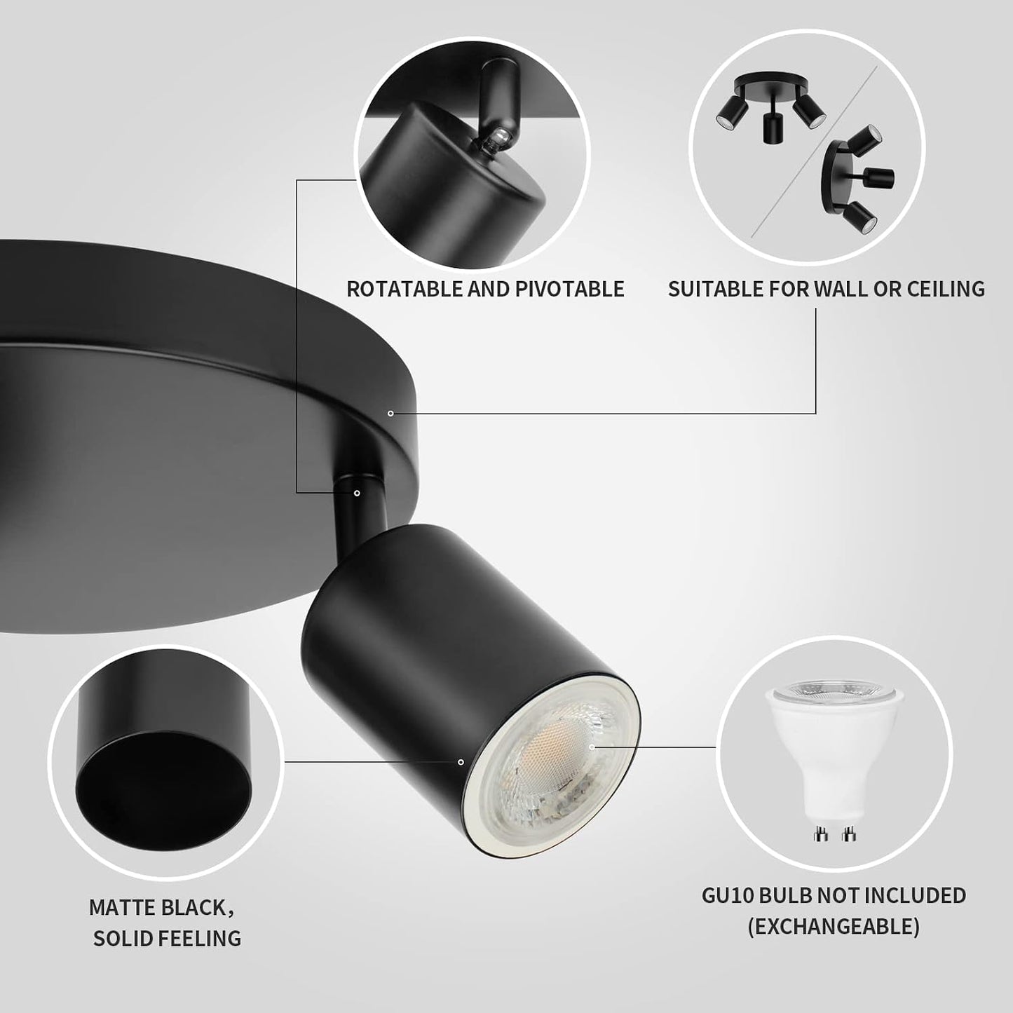 wowatt 3-Light Swivel GU10 Ceiling Spotlight Round Black Matt Metal Indoor Light Fixture