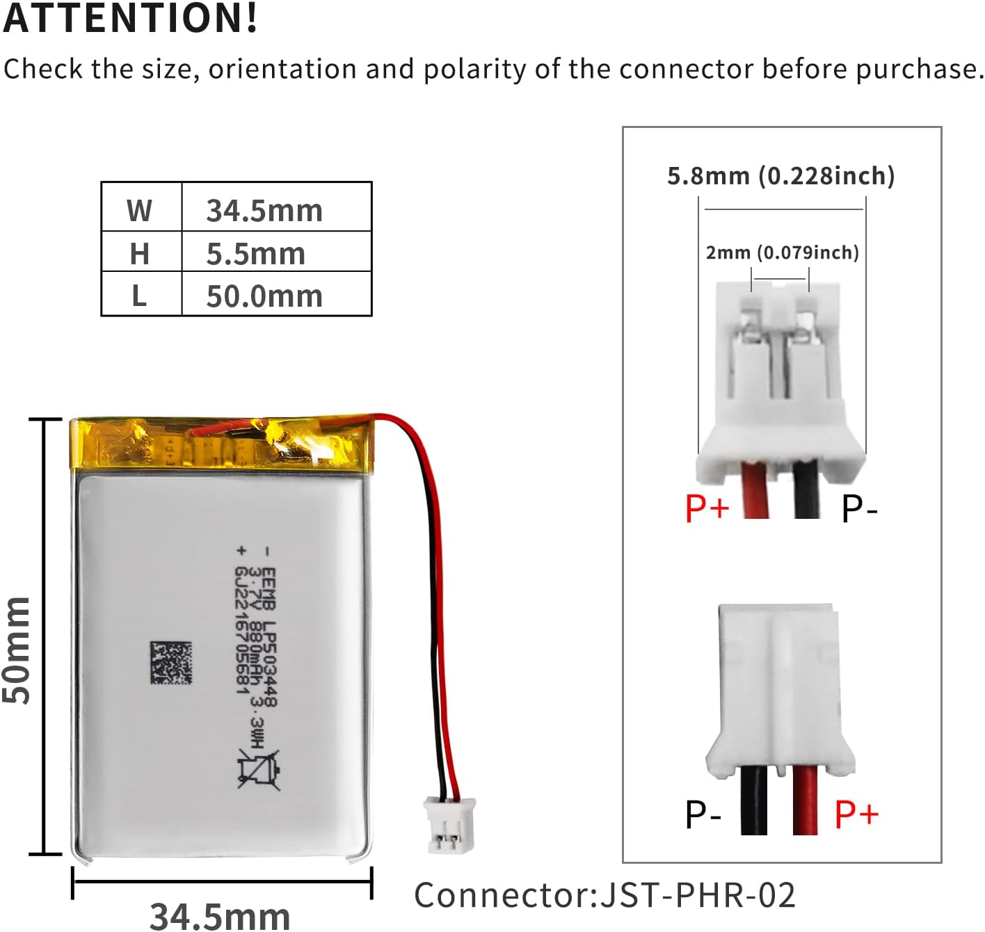 EEMB LP503448-PCM 3.7V 880mAh Lithium Polymer Rechargeable Battery with JST Connector