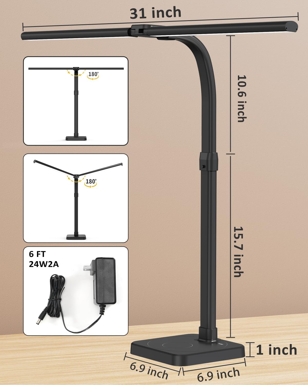 AKRRYR Double-Head LED Desk Lamp with USB & Wireless Charger