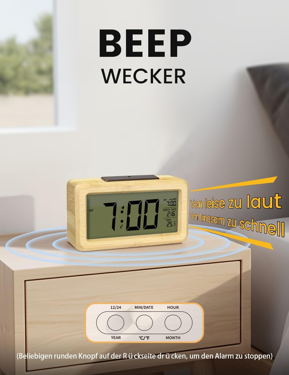 aboveClock Digital Alarm Clock Wood with Sensor Module Table Clock Snooze Date Temperature Brightness Adjustable