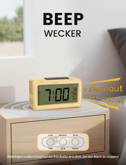 aboveClock Digital Alarm Clock Wood with Sensor Module Table Clock Snooze Date Temperature Brightness Adjustable