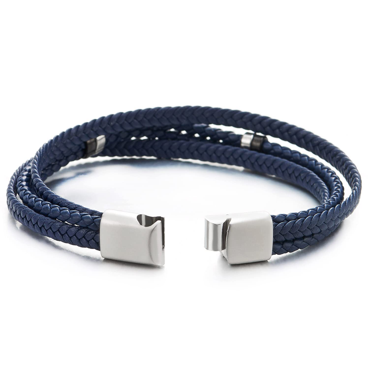 Navy Blue Braided Leather Bracelet with Magnetic Stainless Steel Clasp