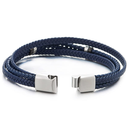 Navy Blue Braided Leather Bracelet with Magnetic Stainless Steel Clasp