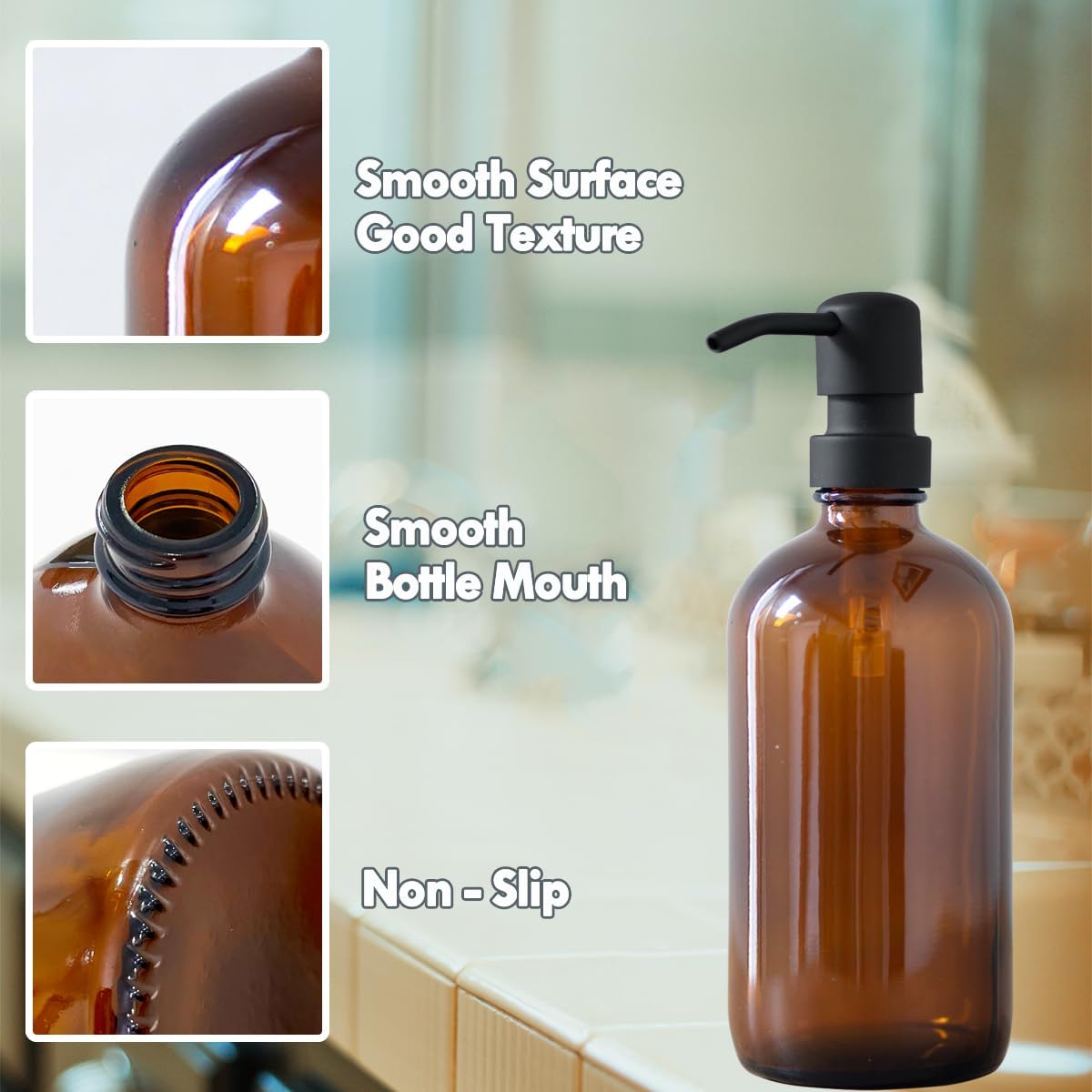 Amber Glass Soap Dispenser Set – 2 Pack 500ml Refillable