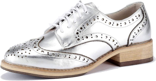 U-lite Women's Perforated Lace-Up Wingtip Leather Flat Oxford Shoes