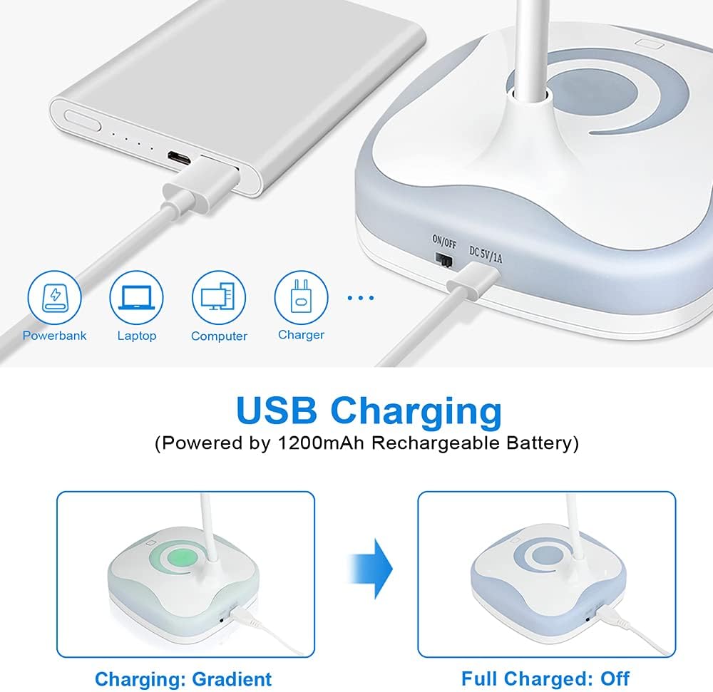 Gobikey LED Desk Lamp 2-in-1 Reading Night Light Dimmable USB Rechargeable Touch Control White