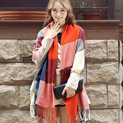 Cozy Long Women's Plaid Cashmere-Blend Winter Shawl Scarf with Tassel