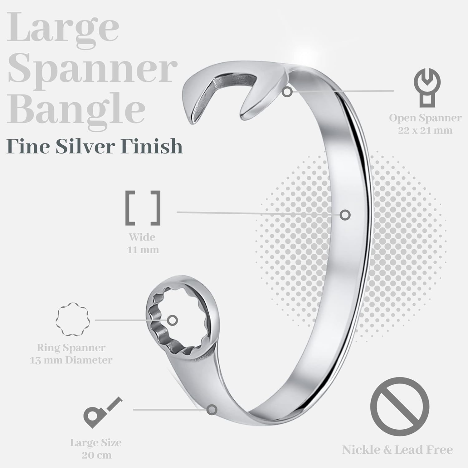 Men's Silver Spanner Bangle Bracelet: Unique Biker Vintage Tool Design