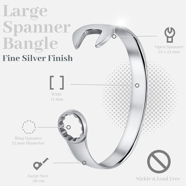 Men's Silver Spanner Bangle Bracelet: Unique Biker Vintage Tool Design