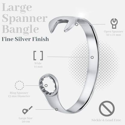 Men's Silver Spanner Bangle Bracelet: Unique Biker Vintage Tool Design
