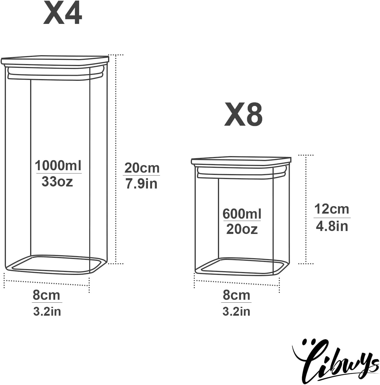 LIBWYS 12-Piece Square Glass Storage Jars with Bamboo Lids