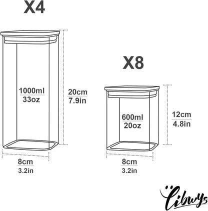 LIBWYS 12-Piece Square Glass Storage Jars with Bamboo Lids