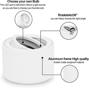 URing 4‑Pack White Surface‑Mounted Swivel Spotlights – Matte Aluminium, 80 mm Diameter, 230 V