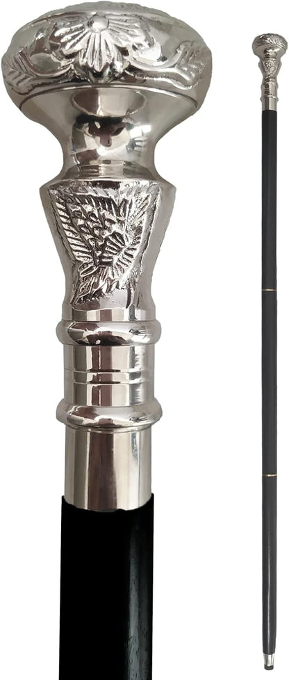 Vintage Antique Wooden Walking Cane with Silver Brass Handle