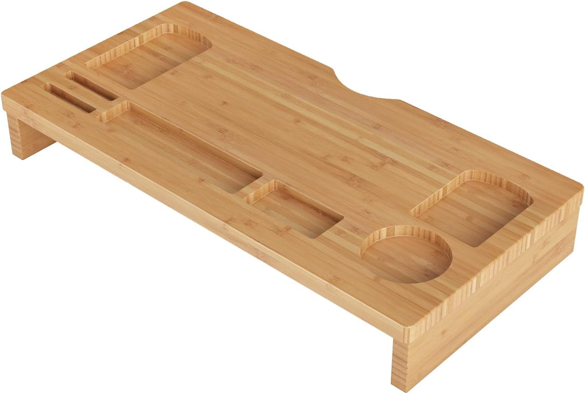 RUIYAN Bamboo Monitor Stand 60 x 30 x 8.5 cm with 7 Storage Compartments Ergonomic Desktop Riser