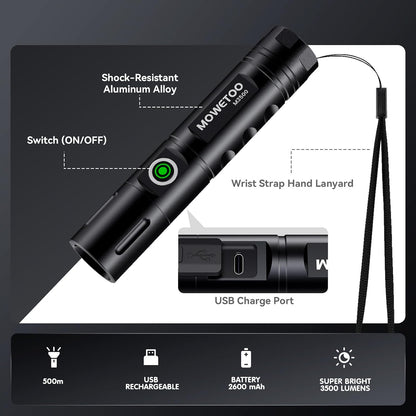 MOWETOO M3500 Rechargeable LED Torch 3500 Lumens Zoomable USB-C Aluminium Alloy Flashlight