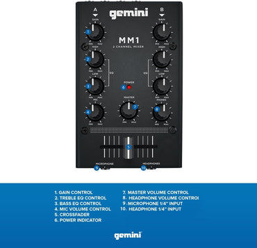 Gemini MM1 Portable 2‑Channel DJ Mixer with Pro Crossfader