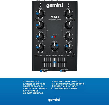 Gemini MM1 Portable 2‑Channel DJ Mixer with Pro Crossfader
