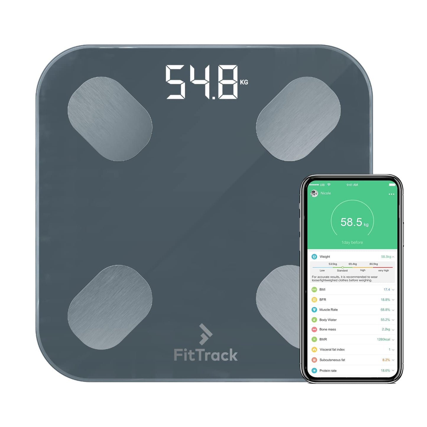 FitTrack Dara Smart BMI Digital Scale - Black Bluetooth Body Composition