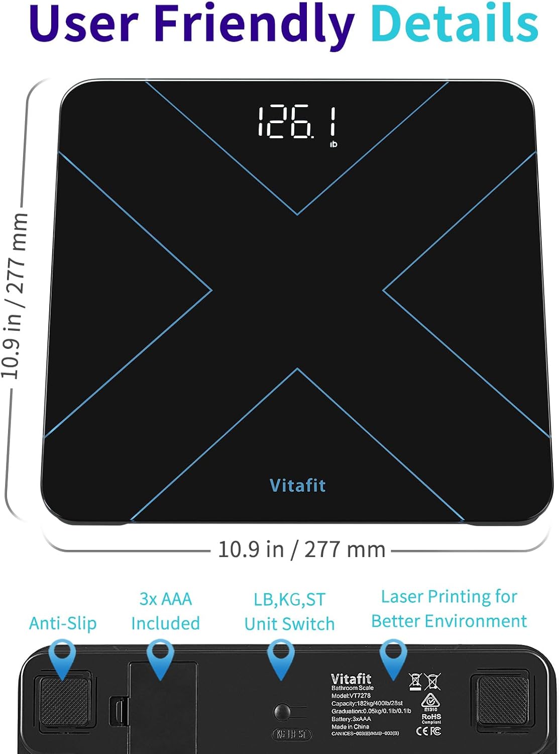 Vitafit 400lb Digital Bathroom Scale with LED Display, Black