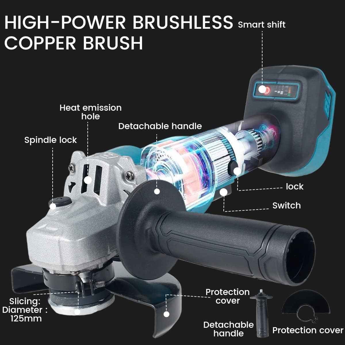 18V Cordless Brushless 125mm Angle Grinder with 3-Speed Variable Kit