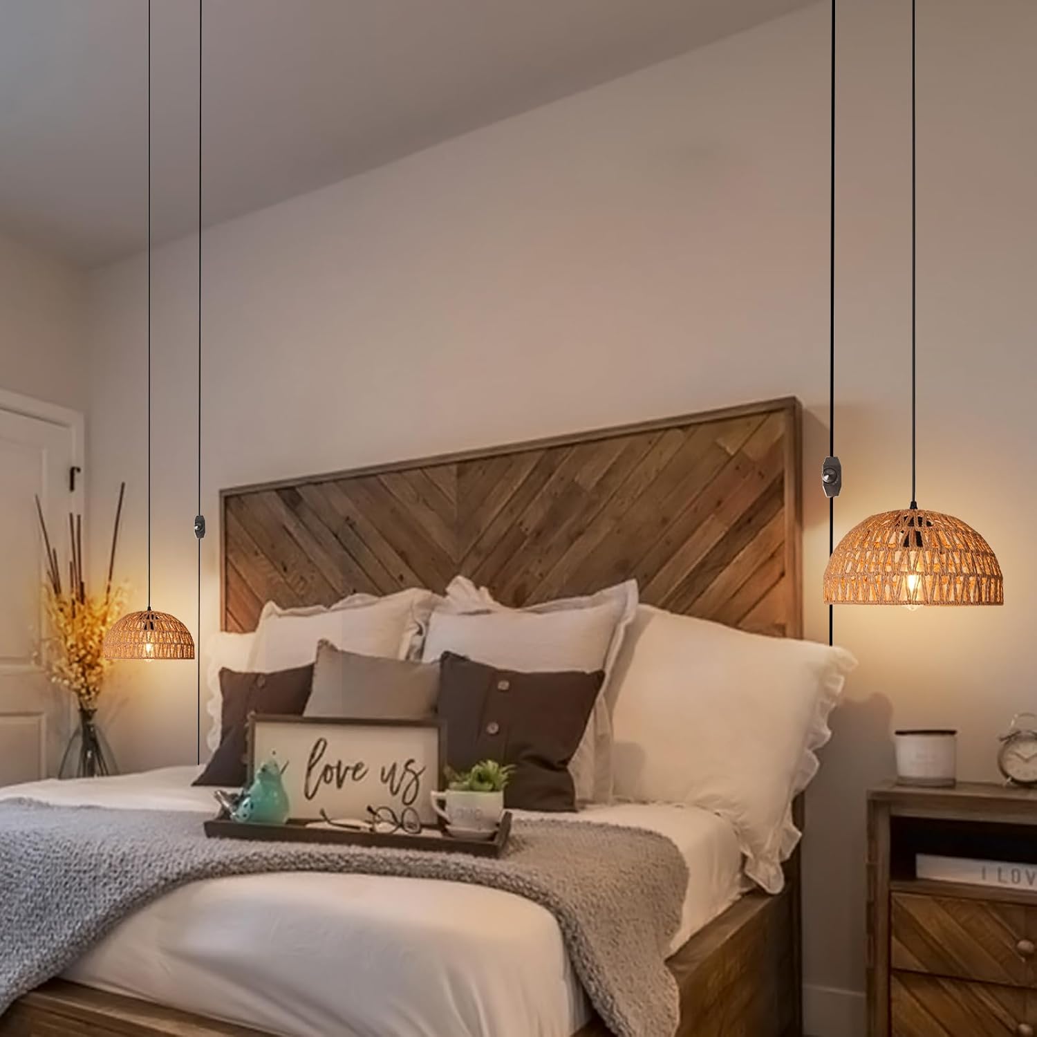 HuisMier Boho Rattan Pendant Lamp with Dimmable Switch