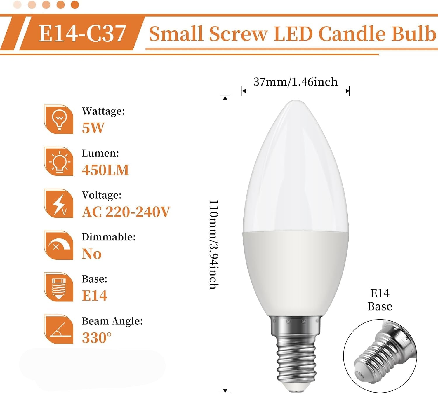 Ddlisu C37 E14 LED Candle Light Bulbs 5W 2700K 6 Pack