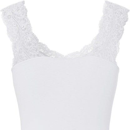 Basic Women's V-Neck Lace Top Soft Viscose Blend Bright White