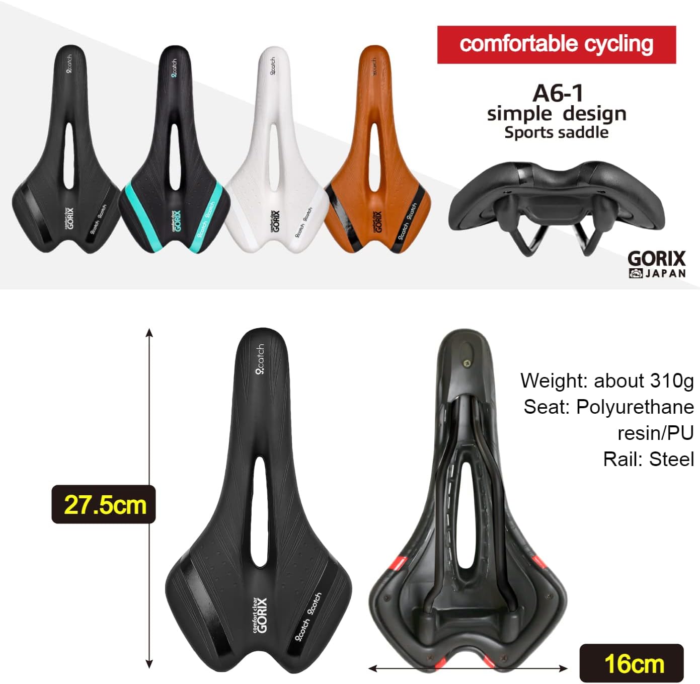 GORIX Bike Saddle Comfortable Cushion with Rail for Mountain and Road Bicycles
