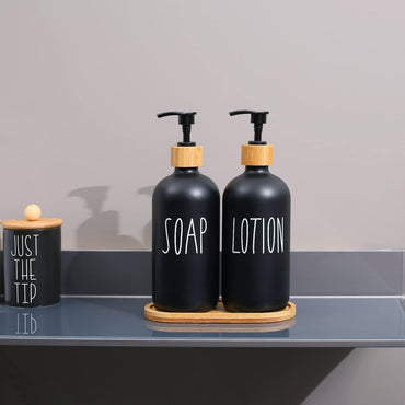 Elegant Glass Soap and Lotion Dispenser Set with Bamboo Tray - 2 Pack