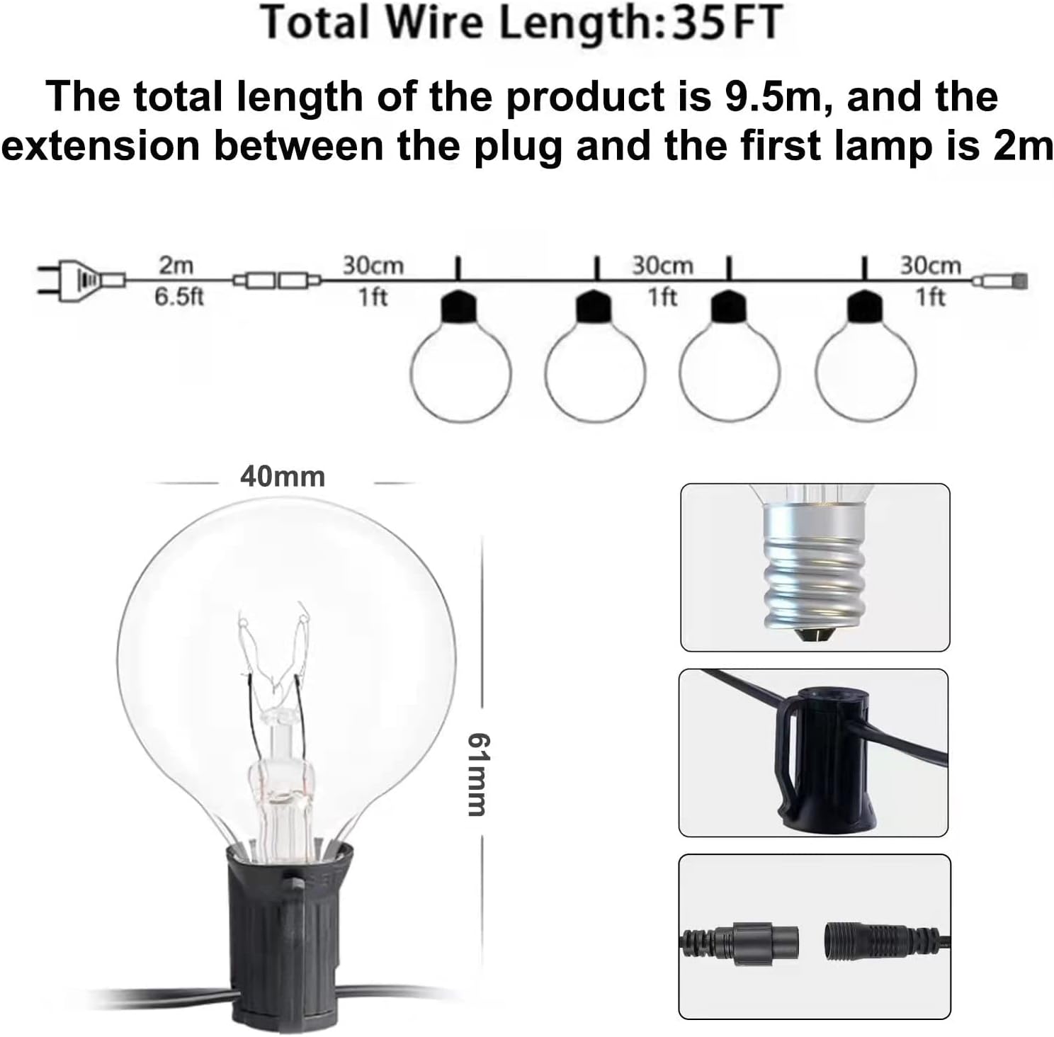 Bomkim G40 Outdoor String Lights 9.5m 25+4 Bulbs IP45 Waterproof Warm White