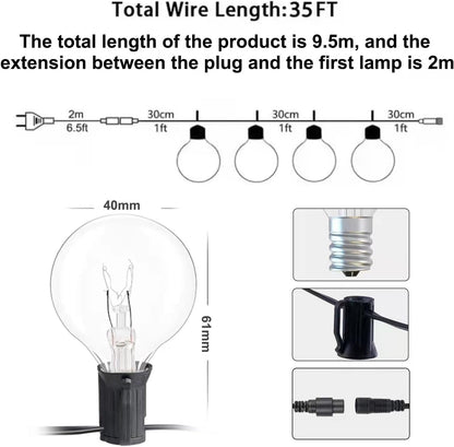 Bomkim G40 Outdoor String Lights 9.5m 25+4 Bulbs IP45 Waterproof Warm White