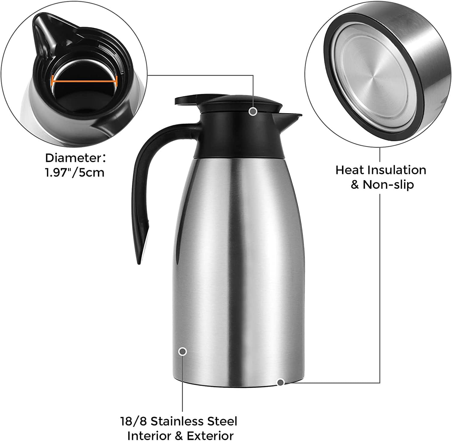 Webao 2 Liter Stainless Steel Thermos Kettle – Quick‑Tip Leak‑Proof Silver